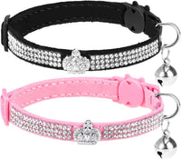 2 Pack Soft Velvet Safe Bling Diamond Cat Collars with Bells – Essentials for Cats - Black + Pink(Crown 2 Pack) / 9"-12" Cats / Mini Dogs
