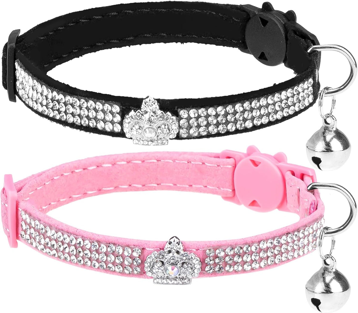 2 Pack Soft Velvet Safe Bling Diamond Cat Collars with Bells – Essentials for Cats - Black + Pink(Crown 2 Pack) / 9"-12" Cats / Mini Dogs