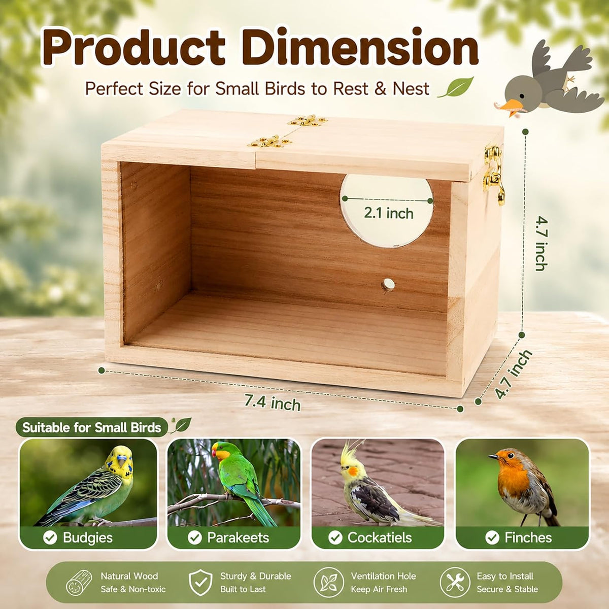 Parakeet Nesting Box, Wooden Parrot Nest Breeding Box with Perch - Horizontal Breeding Box / S - image 2