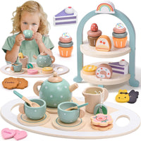 Atoylink Wooden Tea Party Set for Little Girls 28 Pcs Toddler Tea Set