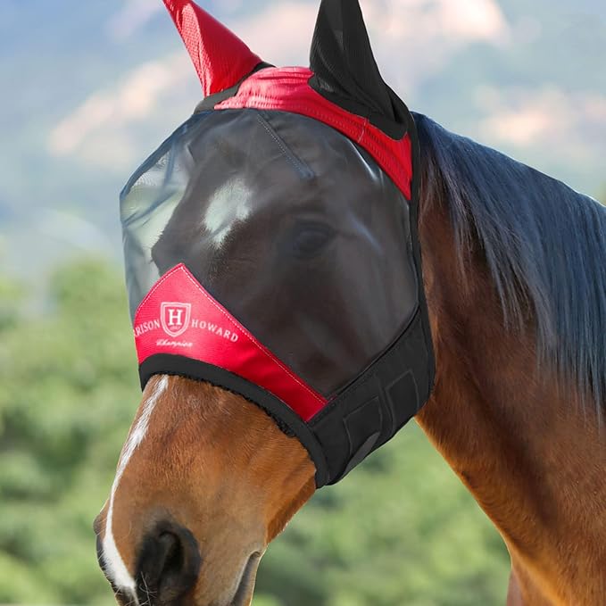 Harrison Howard Pro Luminous Horse Fly Mask Standard with Ears UV Protection for Horse Scarlet Red/Black Medium Cob