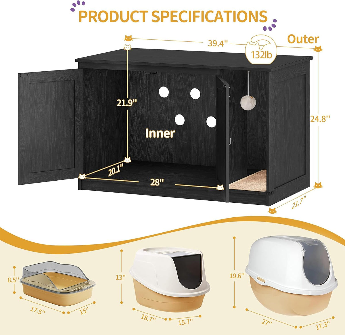 Hzuaneri Cat Litter Box Enclosure - 39.4"L x 21.7"W x 24.8"H / Black - image 4