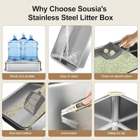 Sousia Stainless Steel Litter Box - Cat Litter Box Enclosure with Lid, High Side Large Cat Litter Tray Easy Cleaning Anti-Leakage with Litter Scoop and High Wall Sides Enclosure for Big Cats