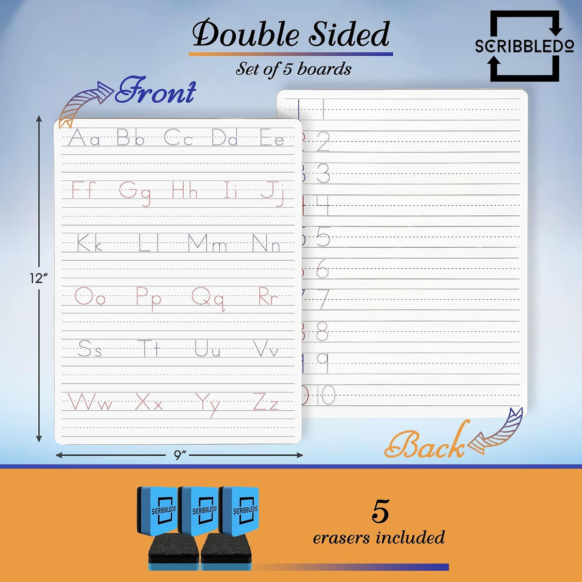 Scribbledo Alphabet Tracing Whiteboard, Dry Erase Lapboard 9x12 – Fun for Kids & Family - Set of 5 Boards & Erasers - image 2