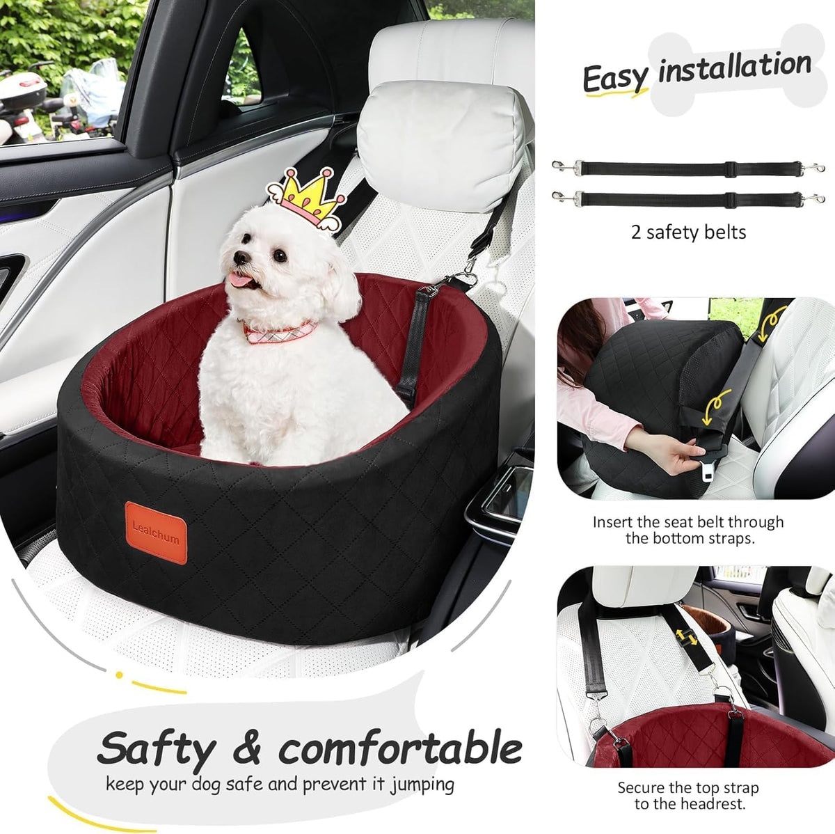 Lealchum Dog Car Seat for Small Dogs Up to 30 Lbs with 2 Safety Dog - Black/Red / Small - image 4