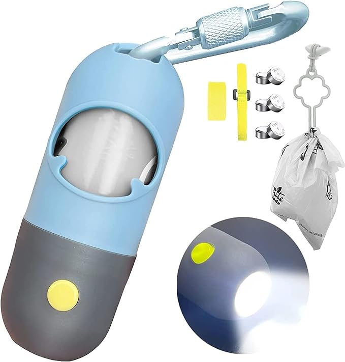 Dog Poop Bag Dispenser with Built-in LED Flashlight and Metal Clip for Leash, Pet Waste Bag Holder, Dog Walking Accessory (Blue)