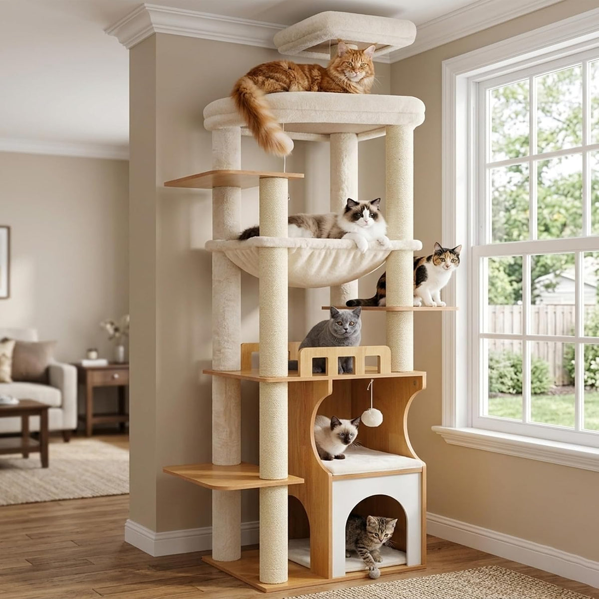 Modern Cat Tree, 76'' Tall Cat Tower, 3 Big Platform GCT103WB - Walnut / 70.9 inches