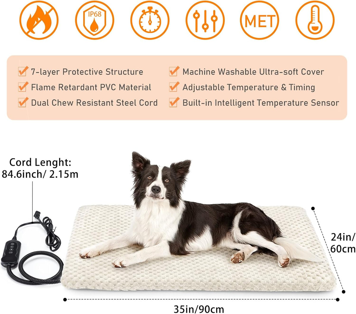 Heated Dog Bed, Waterproof Adjustable Temperature Dog Cat Heating Pad with Timer, Indoor Pet - L: 35" x 24" / Beige - image 2