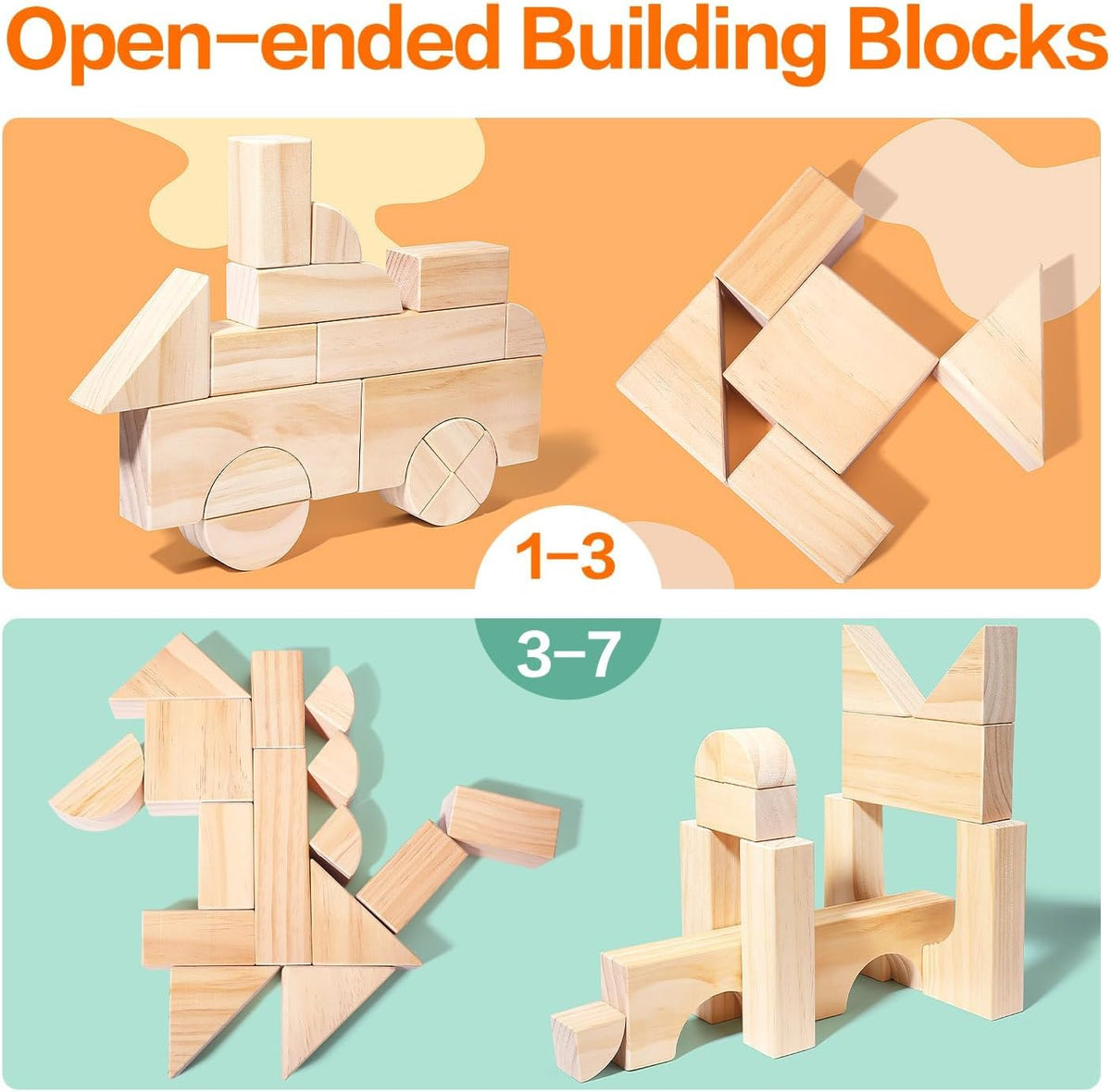 Migargle 64-piece large hardwood building blocks set in a wooden storage tray - view 3