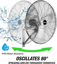 OEMTOOLS 24" Outdoor Wall Mount Fan, 80° Oscillating Fan 6800 CFM Max, Water Resistant, Use in Garage, Gym, Warehouse, Factory and Jobsite