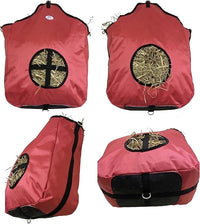 Majestic Ally Nylon Hay Feeder Tote Bag for Horse, Goat, Sheep - Double Sides Open Feed Hole with Faux Leather Ventilated Bottom- Premium Quality -Simulates Grazing - Reduces Waste (RED)