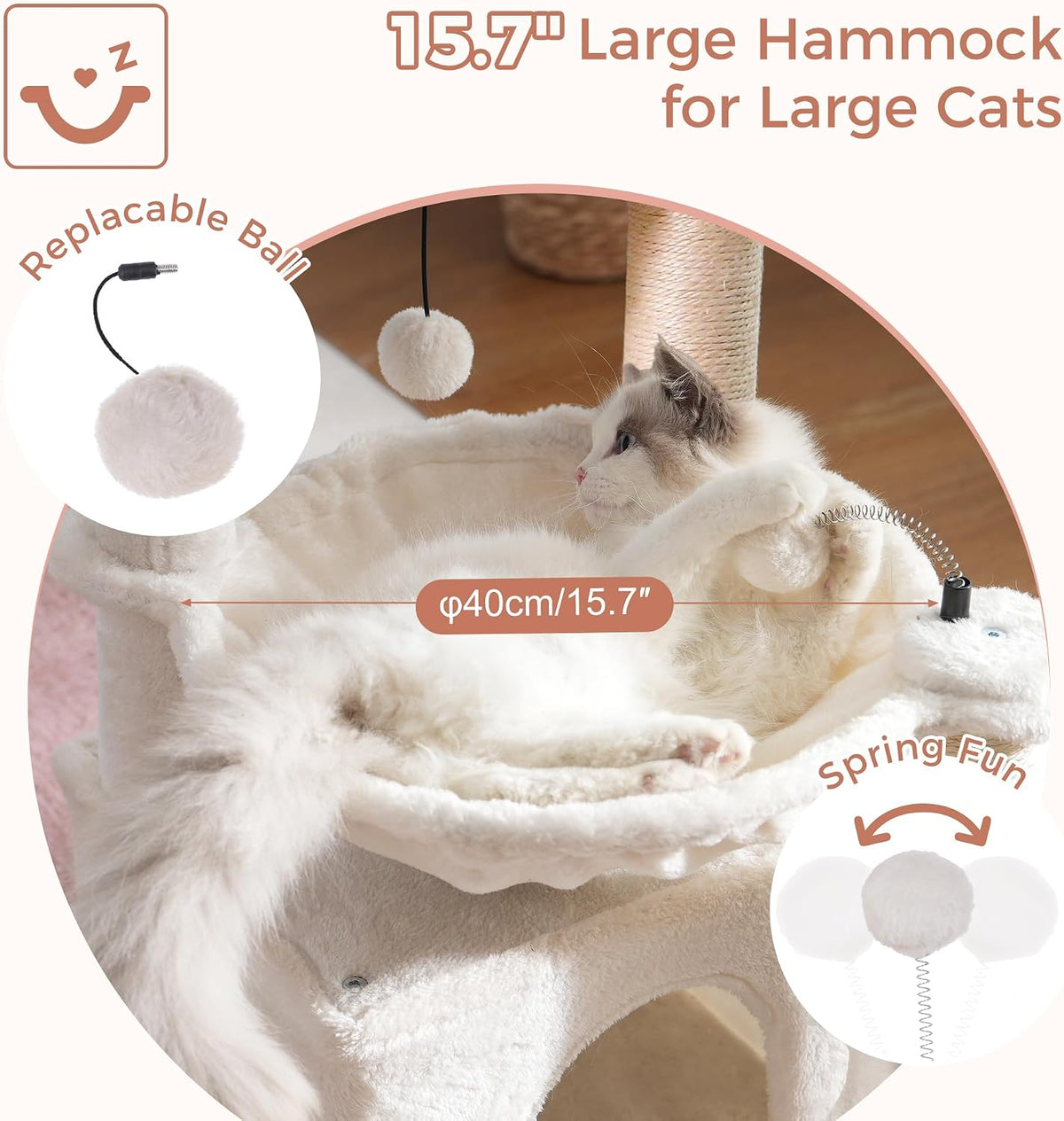 Cat Tree 32” Small Cat Tower with Large Hammock 16”& Self Groomer – Essentials for Cats - Medium-32" / Beige - image 2