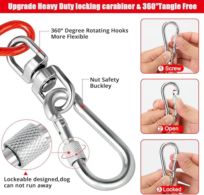 jenico Dog Tie Out Cable, 10/15/20/30/40/50/70/100/150FT Runner Cable with Swivel Hook and Shock Spring, Dog Leash Run Tether for Yard Outdoor and Camping,for Small to Medium Pets Up to 500 LBS