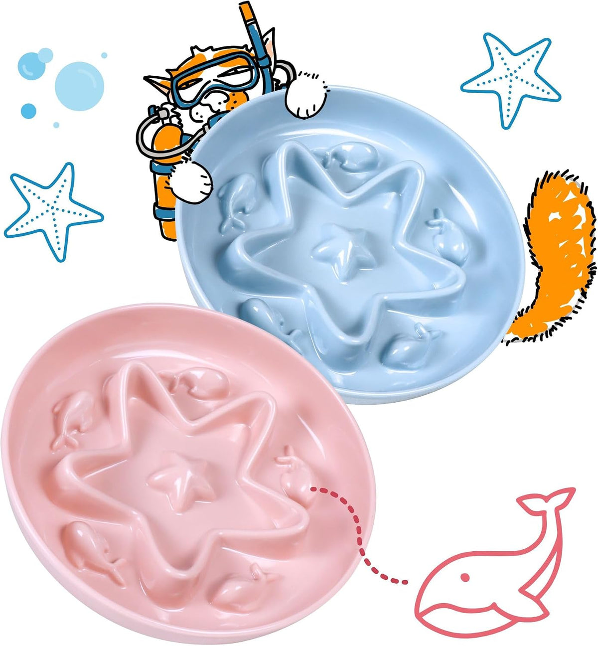 2 Pcs Cat Slow Feeder Bowl - Coral Pink + Ocean Mist / 6.2''