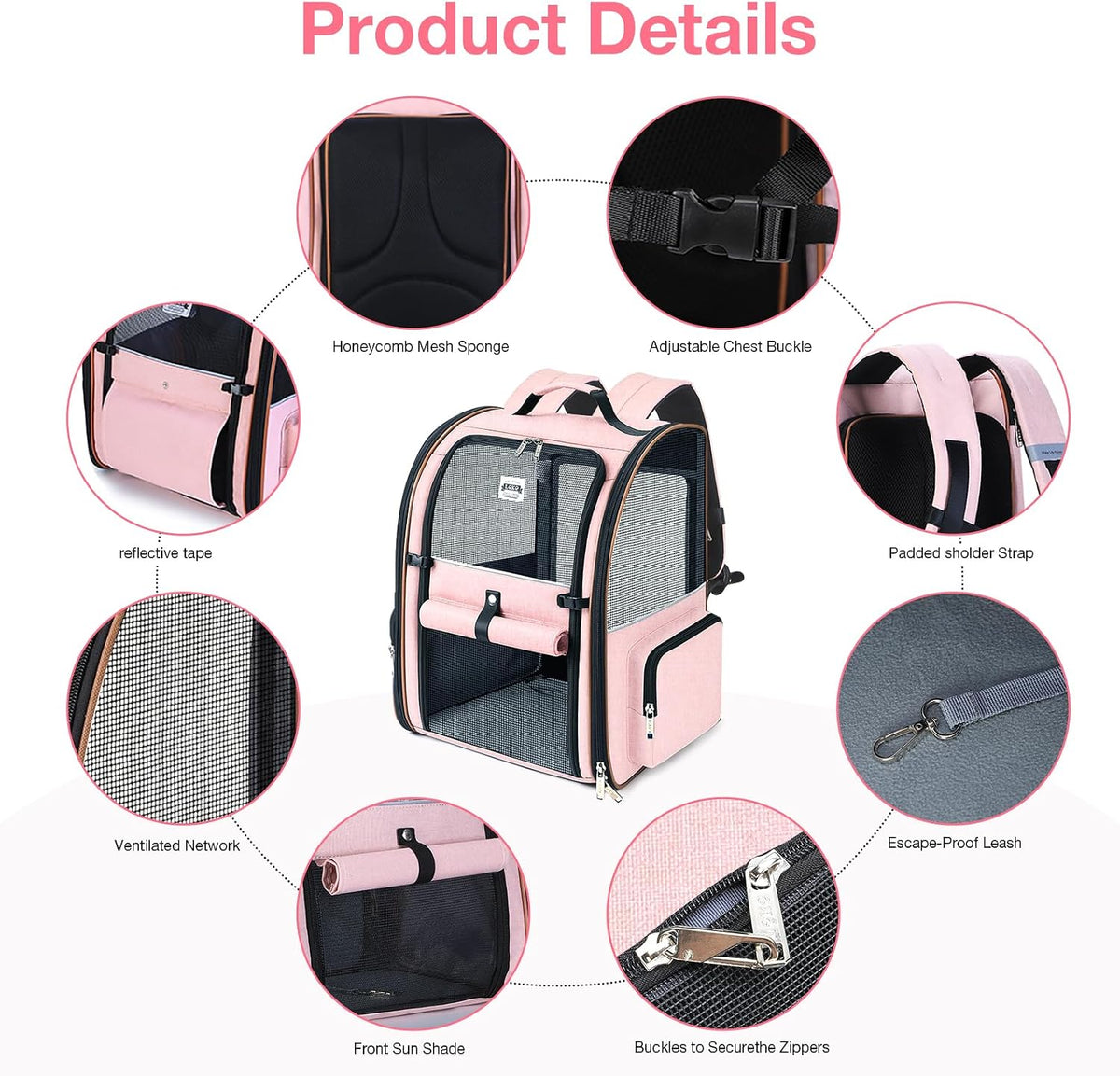 Cat Carrier Backpack, Expandable Pet Carrier with Sun Shade & Full Front Opening, Breathable Mesh - Pink / XL-Mesh Window - image 3
