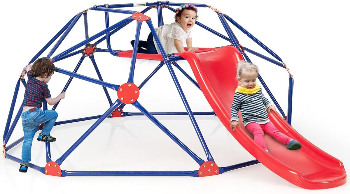 Olakids geometric climbing dome with slide, green steel frame for backyard play