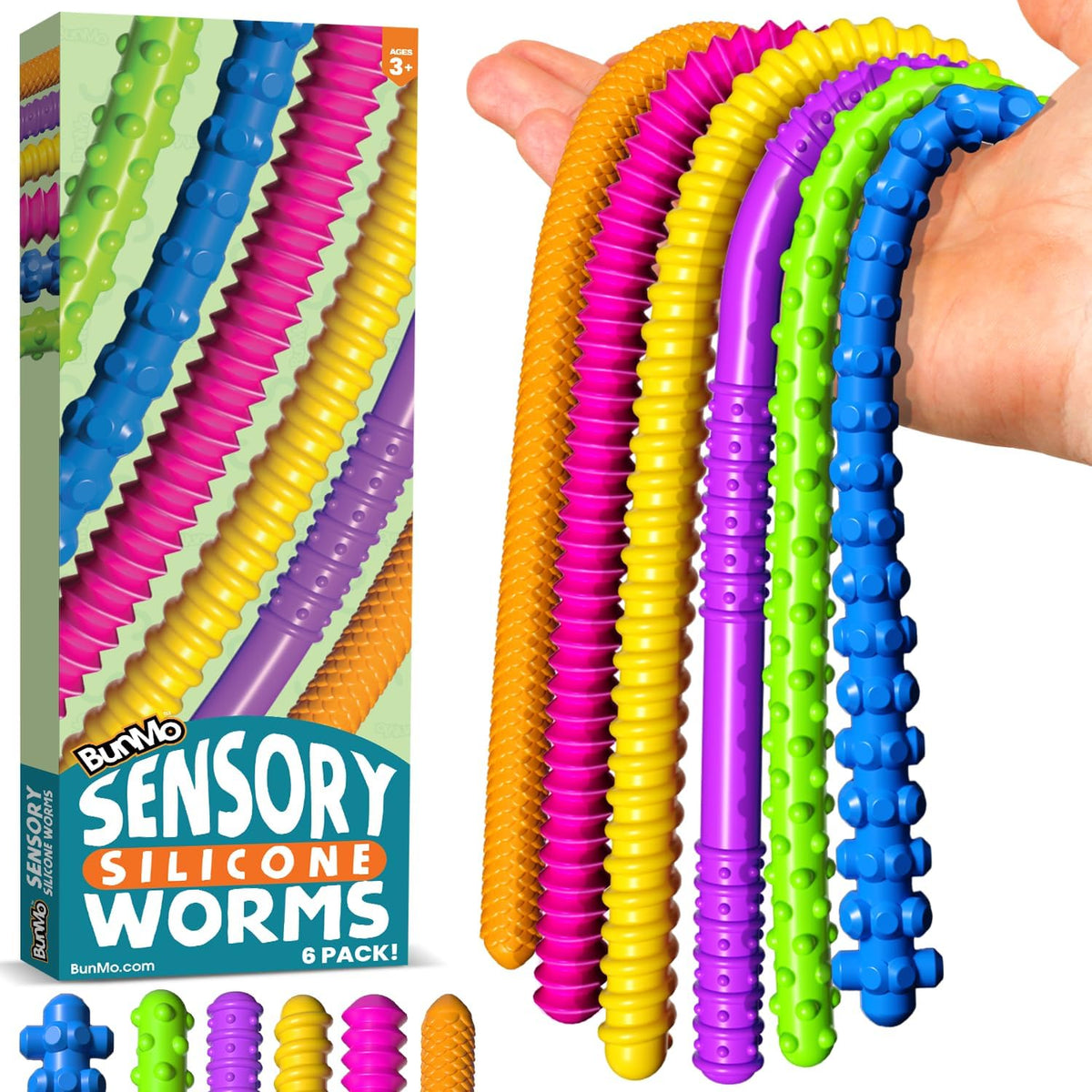 BUNMO Stretchy Strings, Stimulating & Fun Fidget Toys for Kids - Sensory Worms - 6 Pack