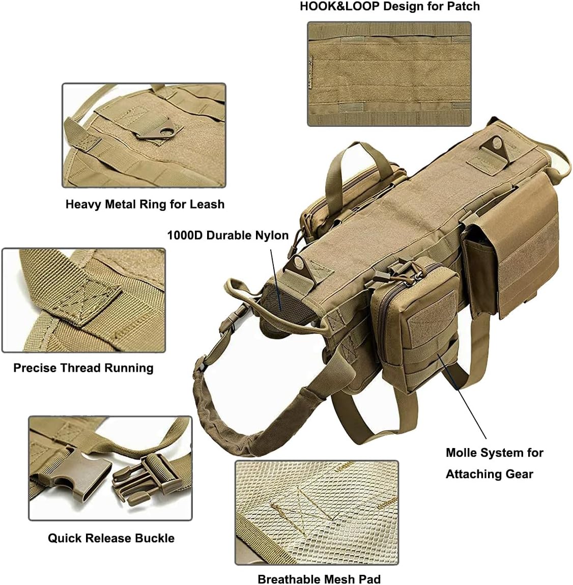 Tactical Dog Vest Harness with 3 MOLLE Bags&1 Bungee Leash – Essentials for Dogs - Black / M:Harness neck 10.3"~16.5", chest 18.1"~31.1" - image 2