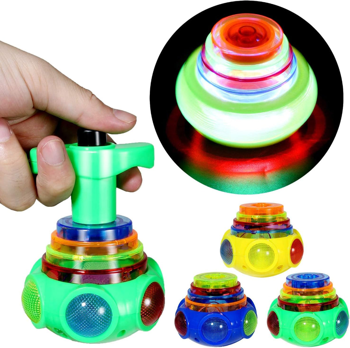 PROLOSO 12 pack of LED light up spinning tops with launchers in assorted colors