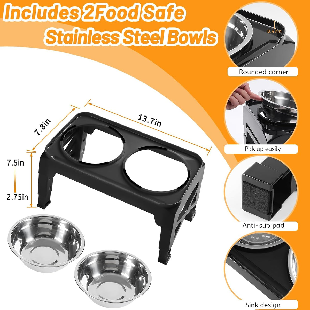 Hubulk Elevated Dog Bowls with 2 Stainless Steel Dog Food & Water - S (6" for Small Dogs) / Black - image 3