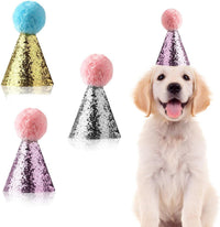 Set of 3 glitter dog birthday hats in blue, pink and silver with pom-pom toppers