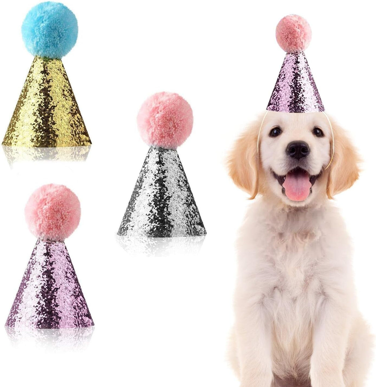 Set of 3 glitter dog birthday hats in blue, pink and silver with pom-pom toppers