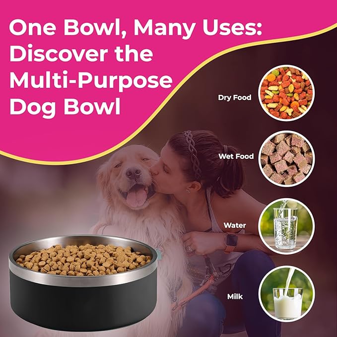 Dog Bowl, Non-Slip Stainless Steel Pet Bowl with Vacuum Insulated Design, Keeps Water Cool, Easy to Clean, Modern Style, 64 oz, Yellow