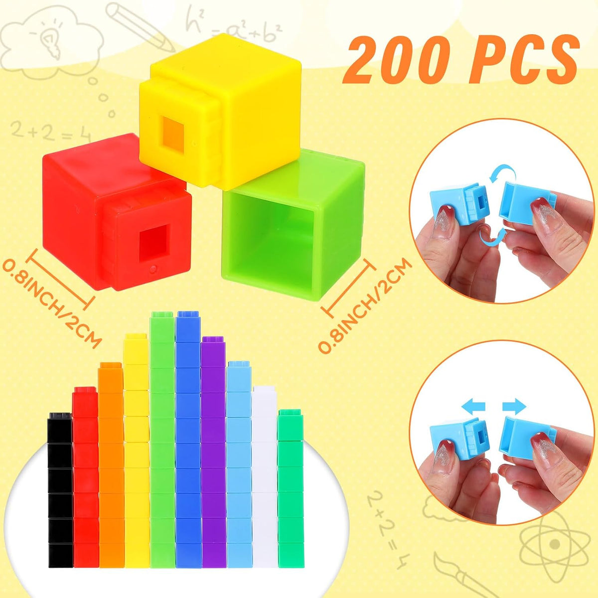 Jenaai linking cubes for math, 200 colorful plastic counting cubes snapped into towers - view 3