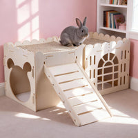 Large Rabbit House, Wooden Bunny Castle with 3 Houses Indoor - 3 Houses with 2 mats - image 4
