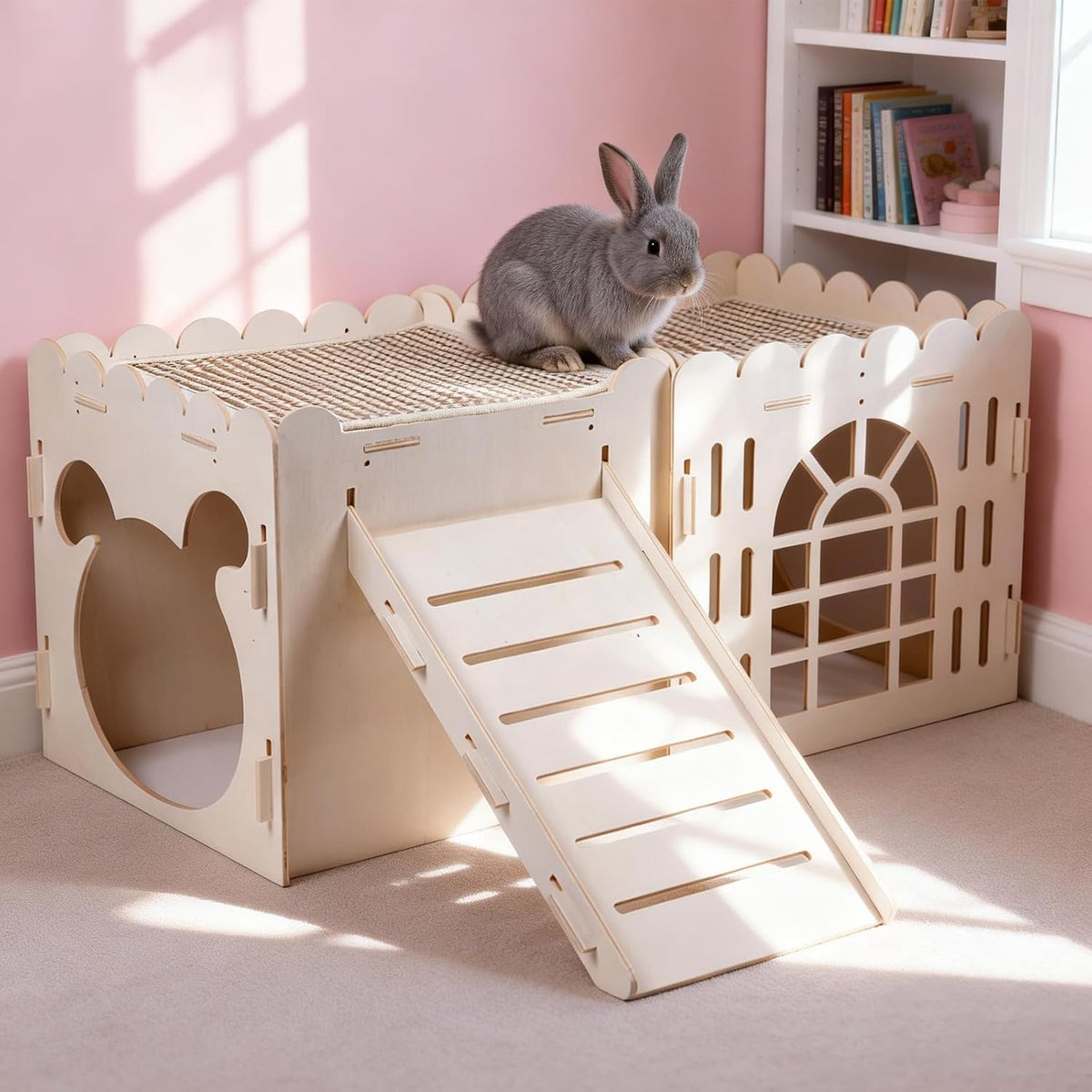 Large Rabbit House, Wooden Bunny Castle with 3 Houses Indoor - 3 Houses with 2 mats - image 4