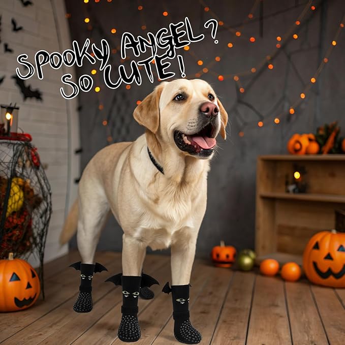 EXPAWLORER Halloween Anti Slip Dog Socks to Prevent Licking Paws, Boots & Paw Protectors with Grippers,Doggie Booties for Hardwood Floors for Small Medium Large Senior Dogs Costume Black Devil Wings S