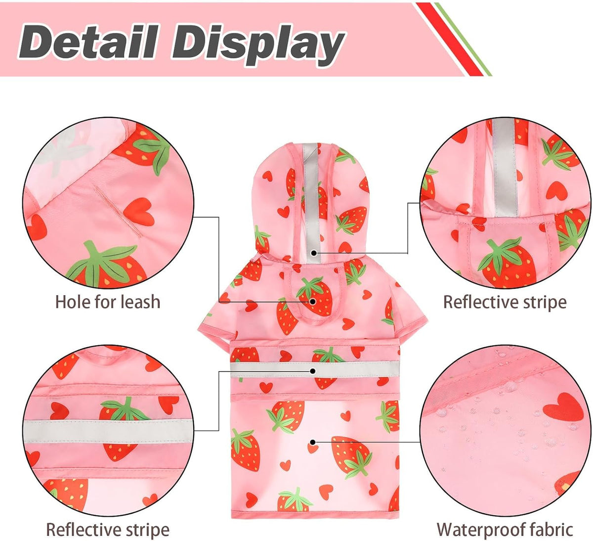 Dog Raincoat Hooded Slicker Poncho with Leash Hole - S:10-15lbs / Strawberry Pink - image 2