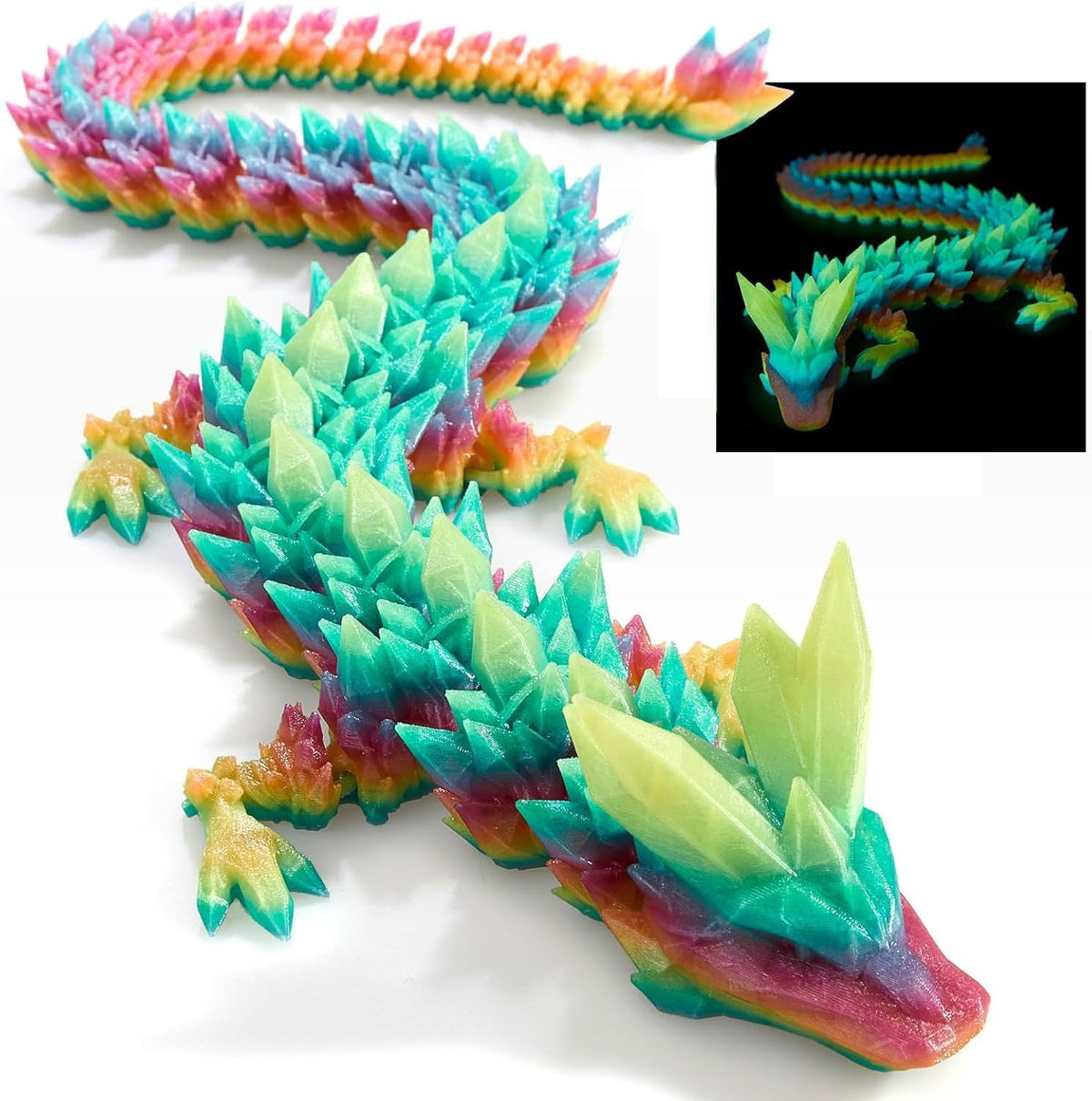 24 inch Large 3D Printed Dragon Glow in the Dark in Halloween – Fun for Kids & Family - Luminous Rainbow / 30 inch
