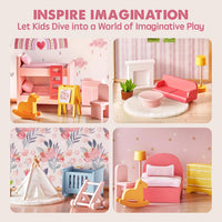 Tiny Land Wooden Dollhouse for Girls, 6 Rooms Wooden Doll House - Pink - image 4