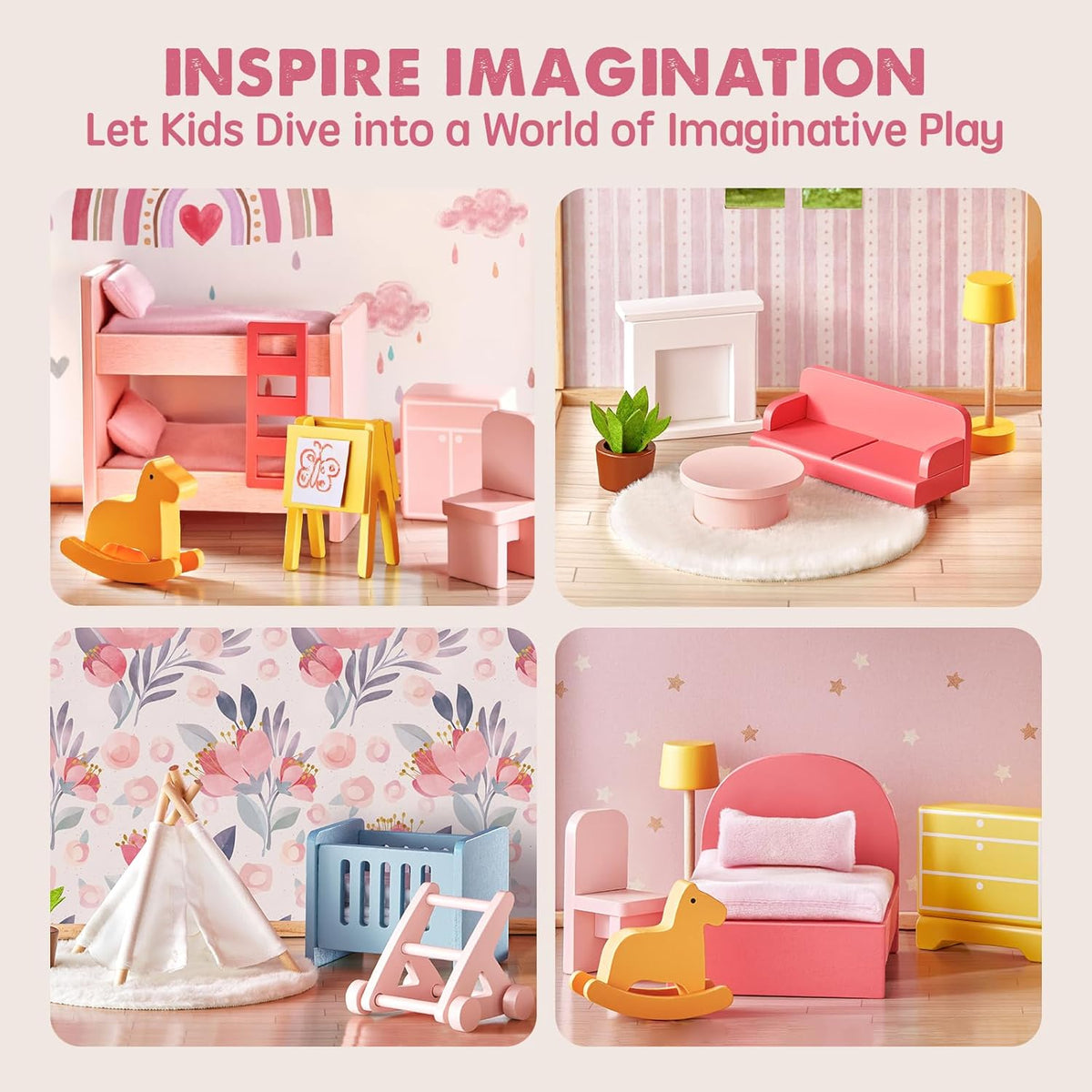 Tiny Land Wooden Dollhouse for Girls, 6 Rooms Wooden Doll House - Pink - image 4