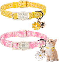 2 Pack Cute Cat Collars - Cartoon Bee Ladybug Breakaway Cat Collar with Bell & Matching Pendant - Pink&Yellow Daisy