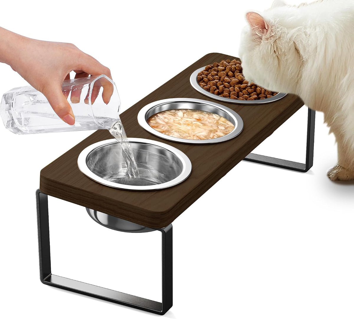 Elevated Cat Bowls with 3 Stainless Steel Bowls - Walnut 1 PACK