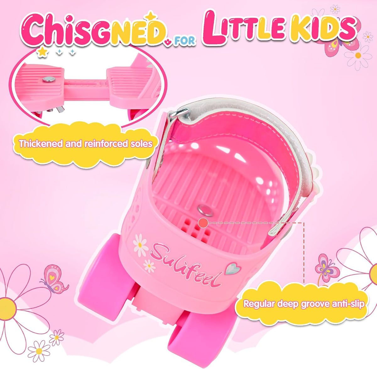 SULIFEEL Kids Adjustable Quad Roller Skates for Girls and Boys – Fun for Kids & Family - Butterfly Pink - image 4