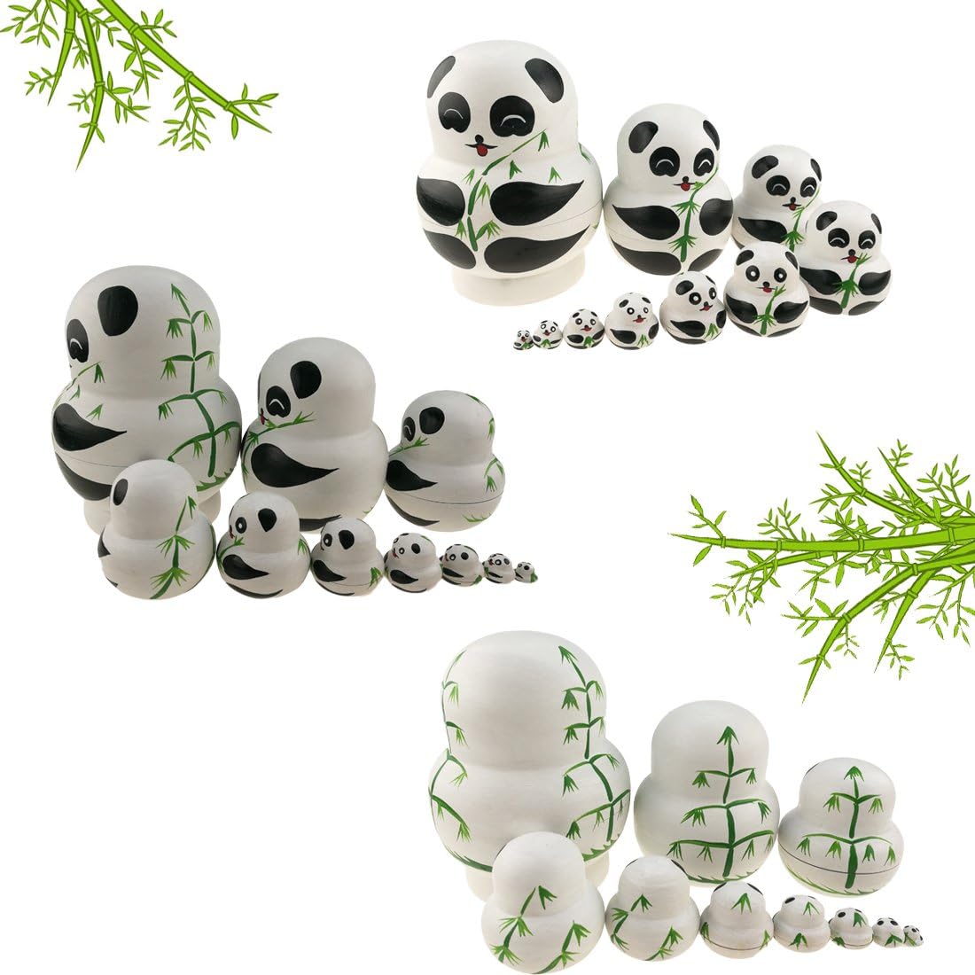 Apol set of 10 handmade wooden big-belly panda bear nesting dolls holding bamboo - view 2
