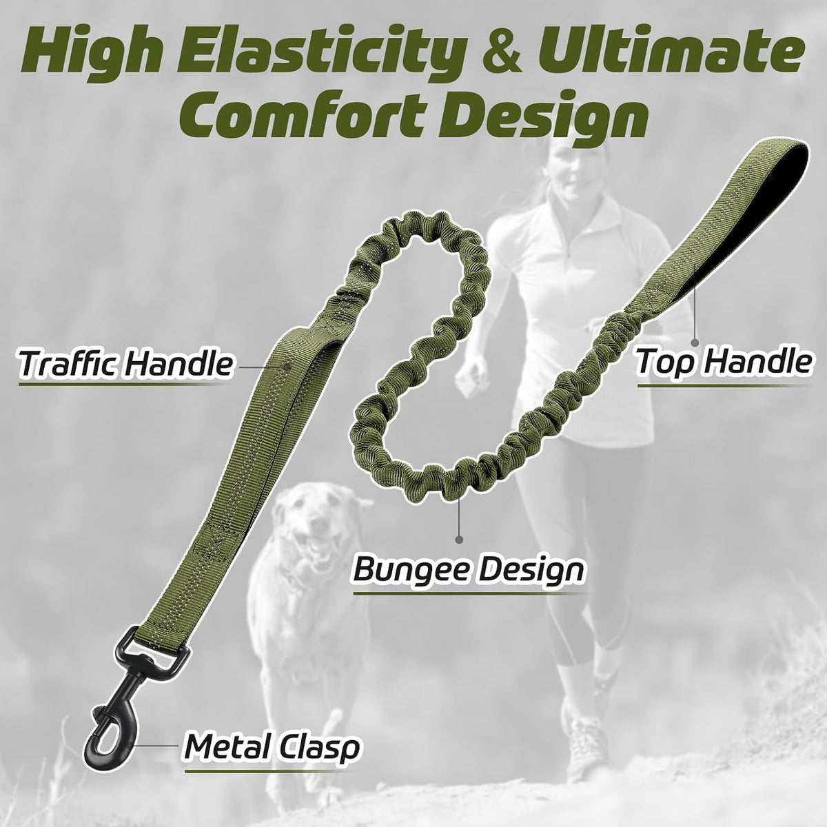 rabbitgoo Tactical Dog Leash, Heavy Duty Training Bungee Lead – Essentials for Dogs - Green / Max: 5.2ft - image 4