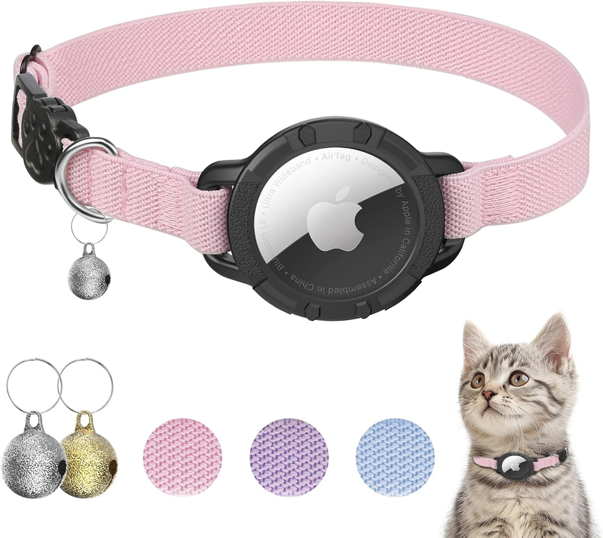 AirTag Cat Collars, Stretchy Collar with Air Tag Holder and Bell – Essentials for Cats - Pink