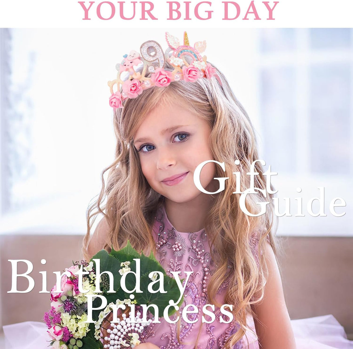 SuPoo 4th Birthday Headband Flower Crown for Girls Princess Tiara 4th - Pink-9th - image 4