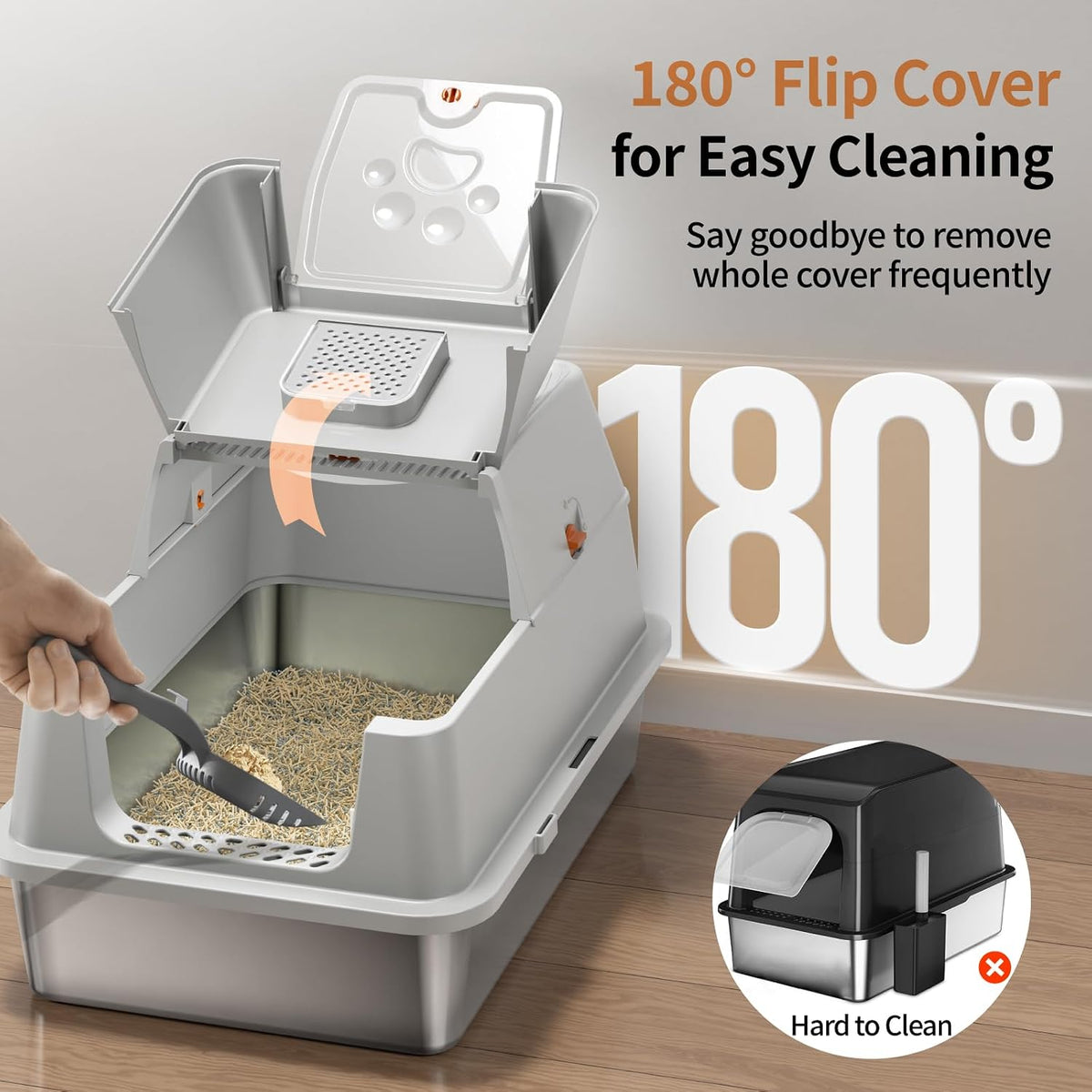 Stainless Steel Cat Litter Box with Lid, Flip-Top XL Large - Grey - image 2