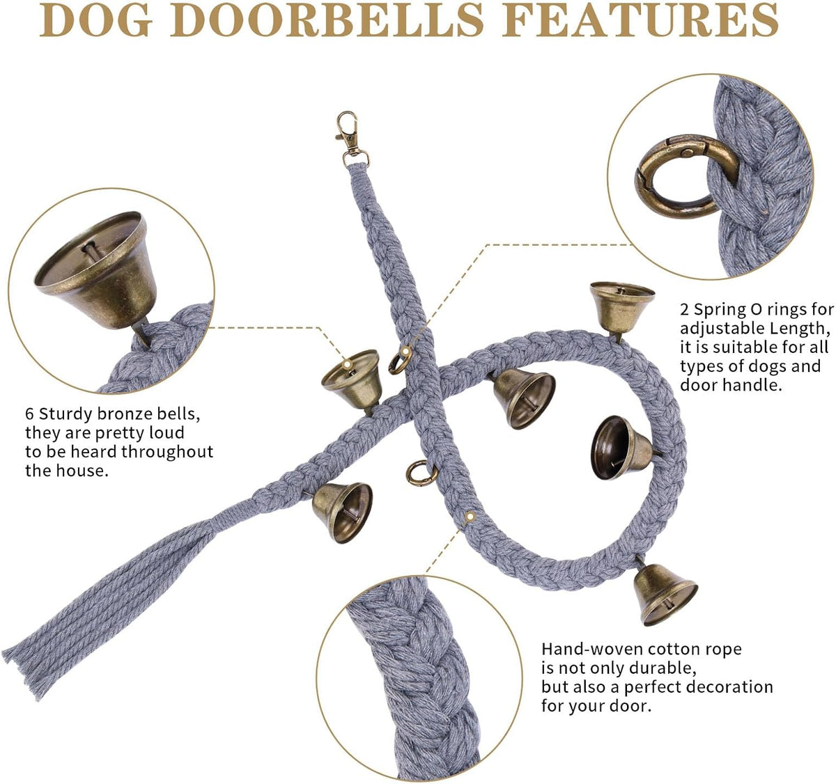Dog Bells to Go Outside, Cotton Handwoven Potty Training Bell – Essentials for Dogs - Grey; 2 Pack - image 2