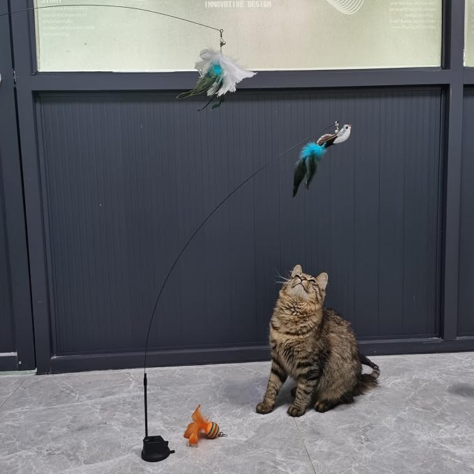 Interactive Cat Feather Toy with Super Suction Cup & Bonus Double-Sided Nano Adhesive – 3 Replaceable Feathers, Bell & Spring Wand – Fun Exercise for Indoor Cats & Kittens (Fly Bird Blue)