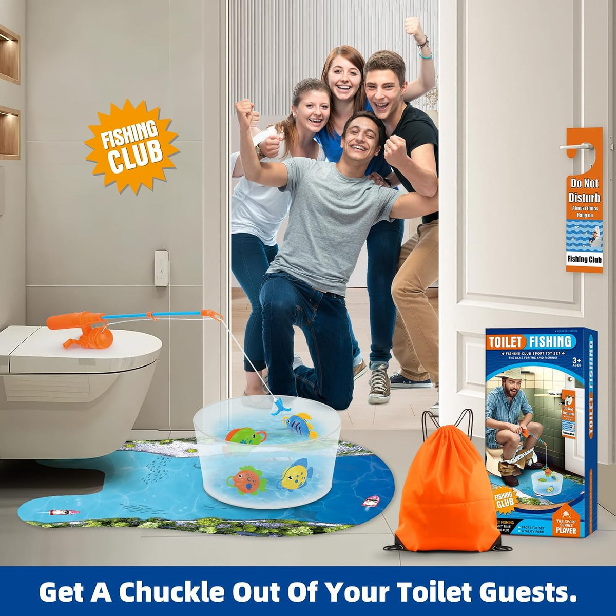 Kaelinda toilet fishing gag gift with fishing rod, four fish and Do Not Disturb sign - view 3