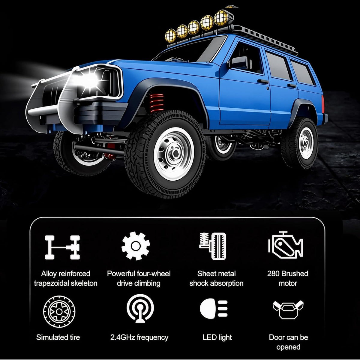 Goolsky silver 1:12 scale RC rock crawler with LED lights on rocky ground - view 4