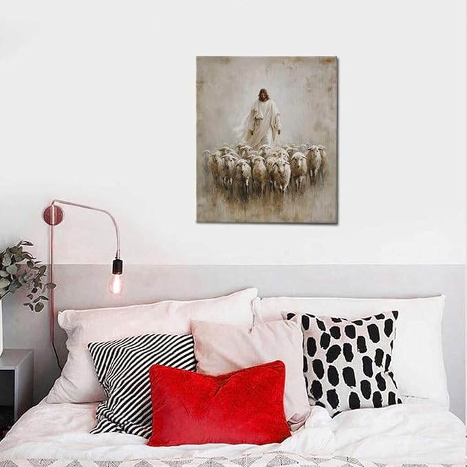 Jesus and Lamb Wall Art Christian Jesus Lamb Canvas Wall Decor Christ Religious Pictures painting Print Framed Artwork Decorations Gifts for Living Room Bedroom Prayer Room Church 24"x20"