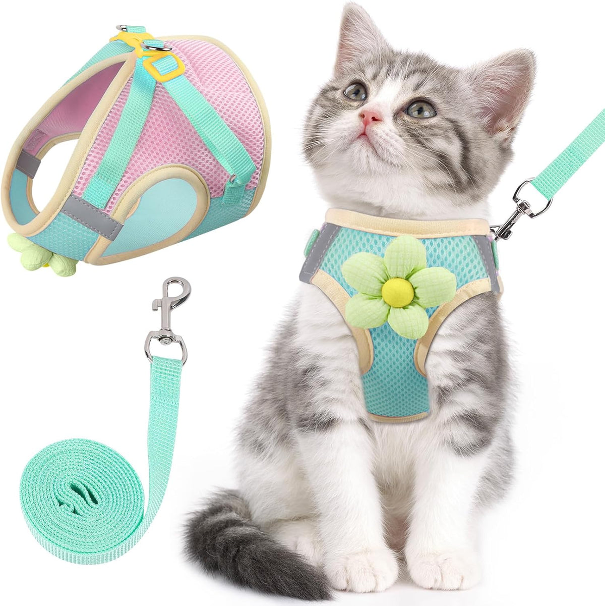 Cat Harness and Leash Set, Escape Proof Soft Vest Walk Pink XS – Essentials for Cats - Turquoise green / Small