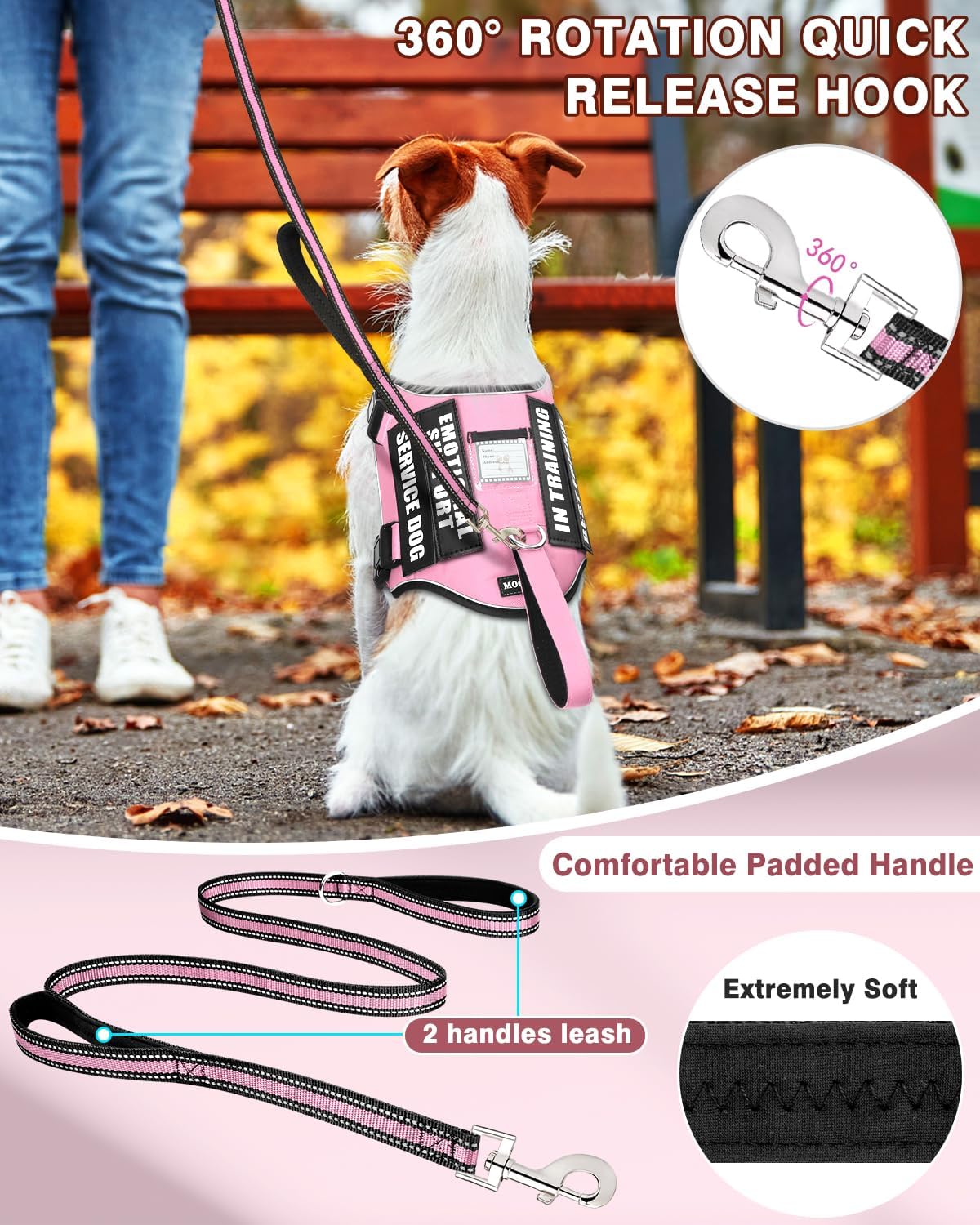 Service Dog Vest Harness and Leash Set+10 Patches - Extra-Small / Pink - image 2